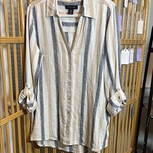 Tahari linen denim and Cream Striped Shirt